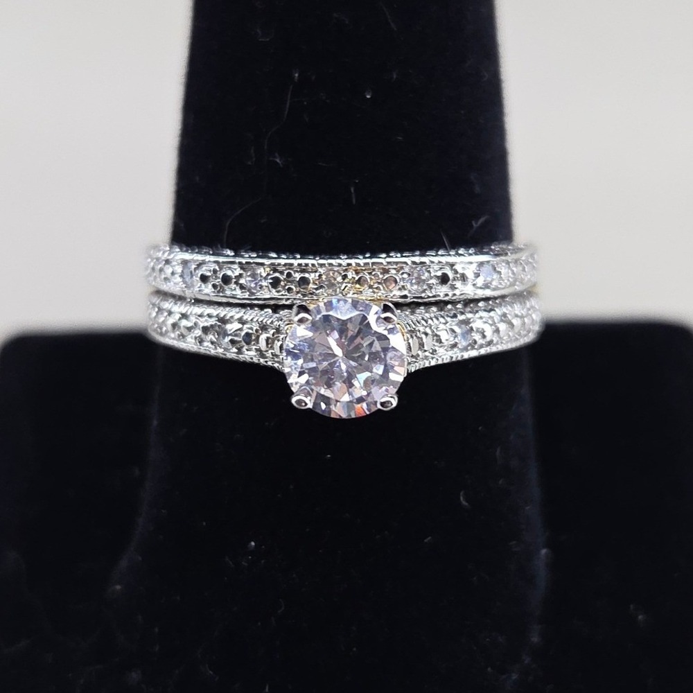 Two Tone Round Cut Solitaire Ring Set Silver Gold Tone Filigree Size 10.25